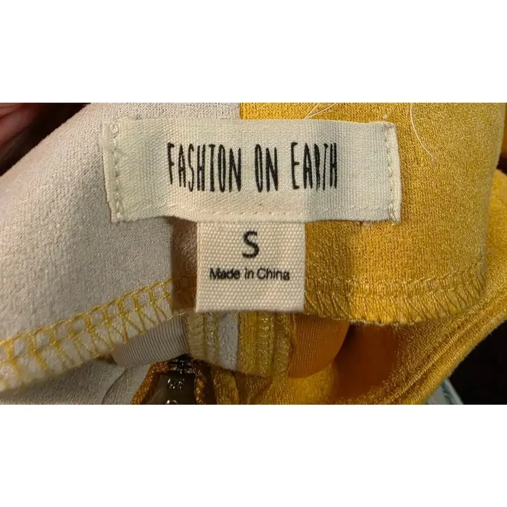 Fashion on Earth Mini Skirt S Yellow Cream Colorblock Faux Suede Zip Front Mod